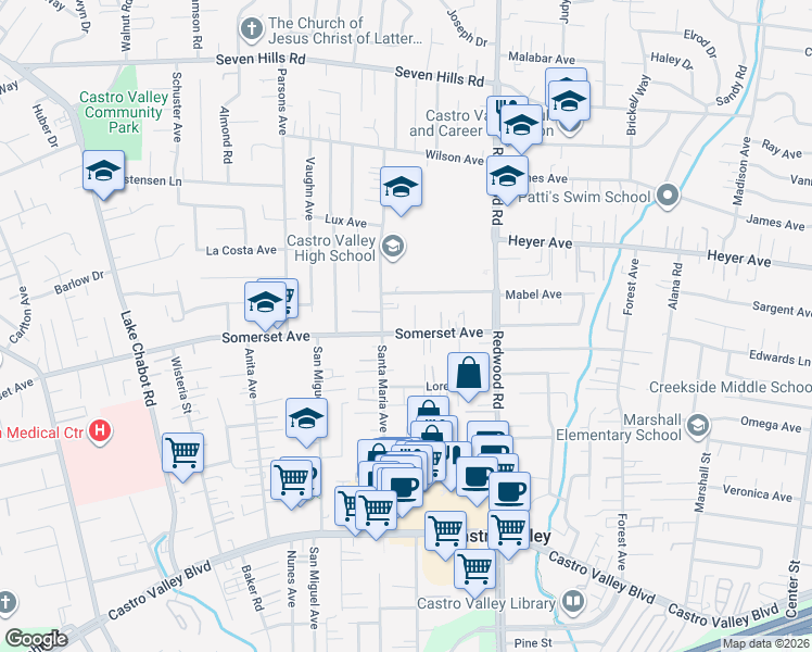 map of restaurants, bars, coffee shops, grocery stores, and more near 3780 Somerset Avenue in Castro Valley