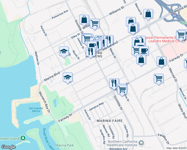 map of restaurants, bars, coffee shops, grocery stores, and more near 2292 West Avenue 134th in San Leandro
