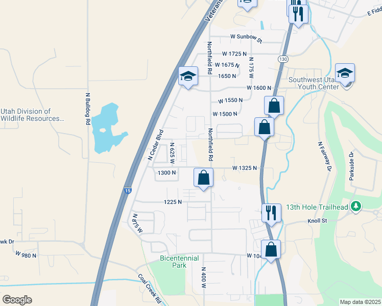 map of restaurants, bars, coffee shops, grocery stores, and more near 1325 North Street in Cedar City
