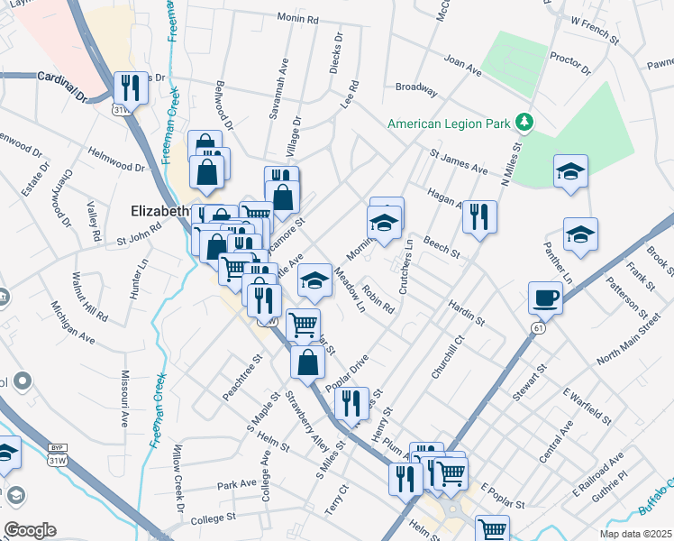 map of restaurants, bars, coffee shops, grocery stores, and more near 299 Morningside Drive in Elizabethtown