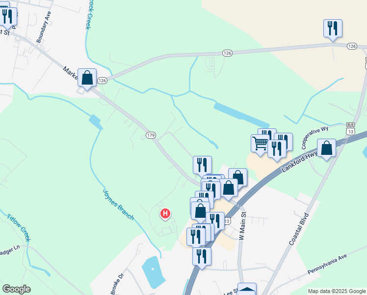 map of restaurants, bars, coffee shops, grocery stores, and more near Duncan Manor Road in Accomack County