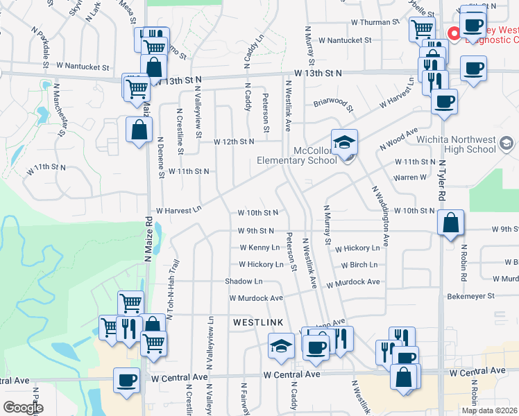 map of restaurants, bars, coffee shops, grocery stores, and more near 9766 10th Court in Wichita