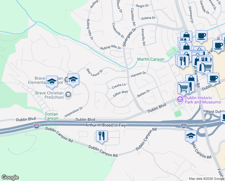 map of restaurants, bars, coffee shops, grocery stores, and more near 11392 Cresta Lane in Dublin
