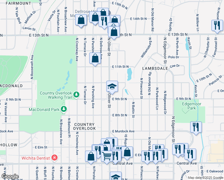map of restaurants, bars, coffee shops, grocery stores, and more near 1002 Oliver in Wichita