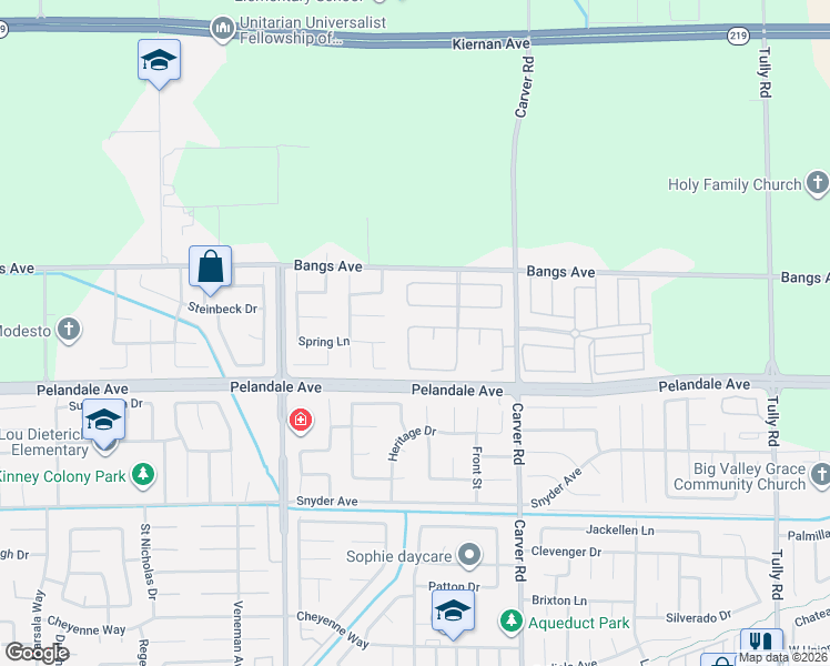 map of restaurants, bars, coffee shops, grocery stores, and more near 1813 Savoie Way in Modesto