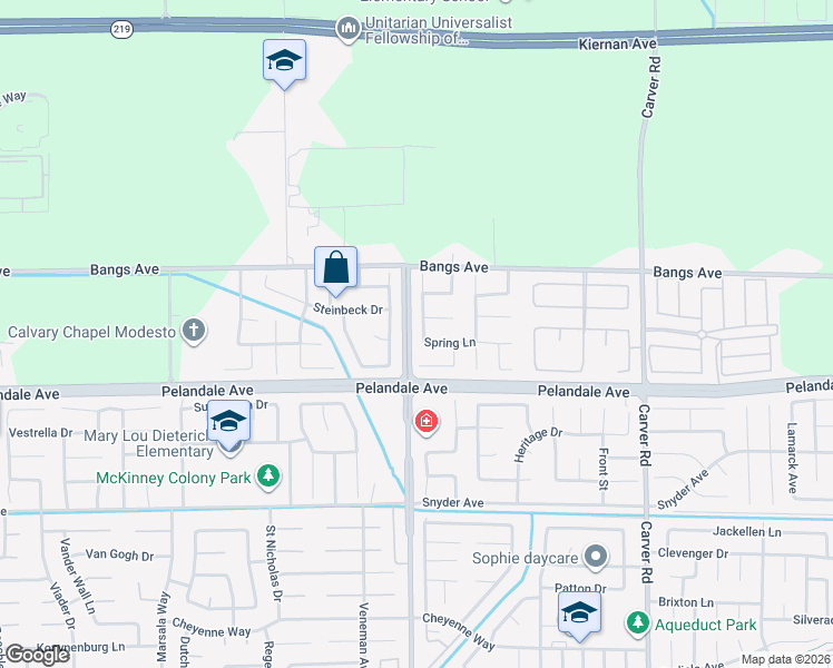 map of restaurants, bars, coffee shops, grocery stores, and more near 4232 Blake Drive in Modesto