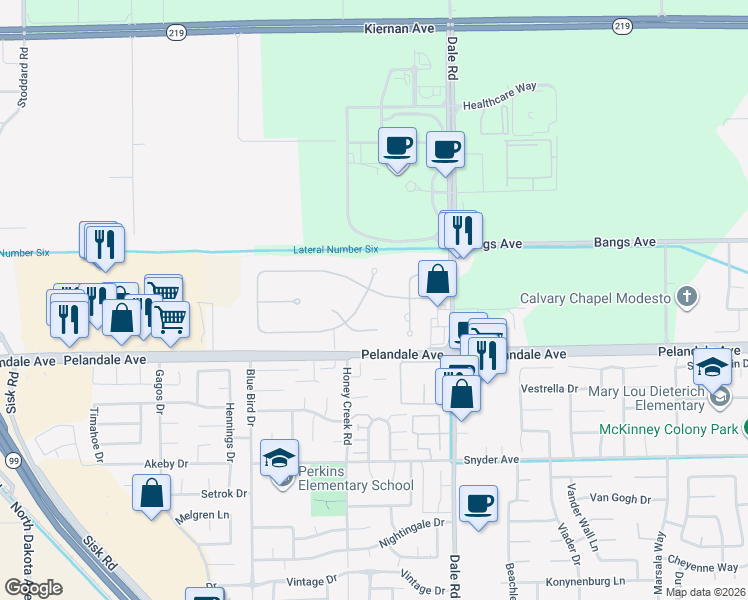 map of restaurants, bars, coffee shops, grocery stores, and more near 3105 Fleur De Lis Drive in Modesto