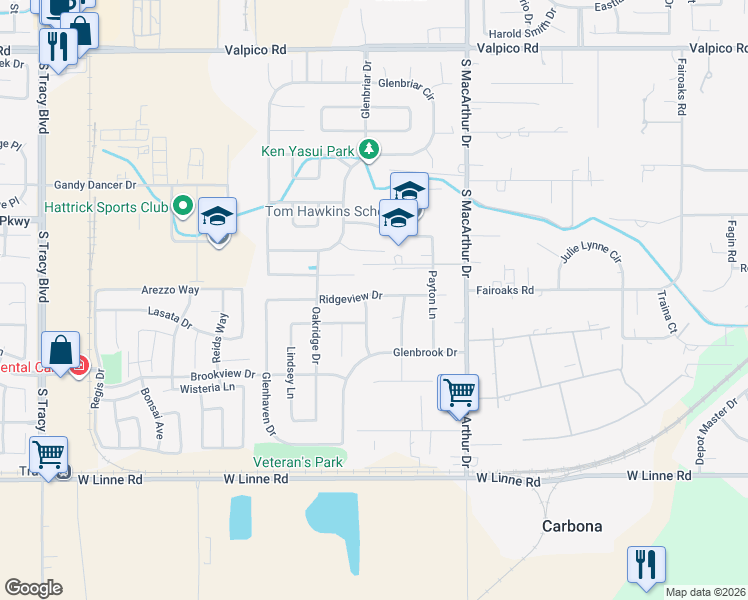 map of restaurants, bars, coffee shops, grocery stores, and more near 363 Ridgeview Drive in Tracy