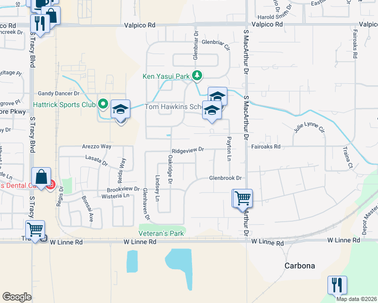 map of restaurants, bars, coffee shops, grocery stores, and more near 283 Ridgeview Drive in Tracy