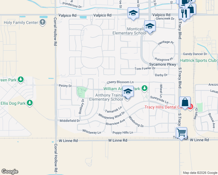map of restaurants, bars, coffee shops, grocery stores, and more near 3939 Leslie Court in Tracy