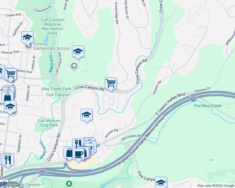 map of restaurants, bars, coffee shops, grocery stores, and more near 5311 San Simeon Place in Castro Valley