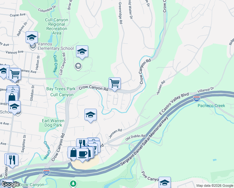 map of restaurants, bars, coffee shops, grocery stores, and more near 5269b Crow Canyon Road in Castro Valley