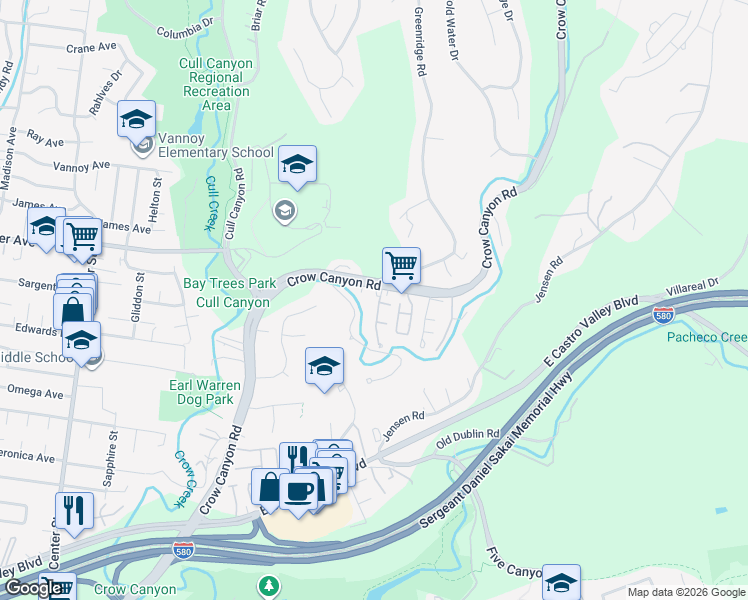 map of restaurants, bars, coffee shops, grocery stores, and more near 19900 Presidio Court in Castro Valley