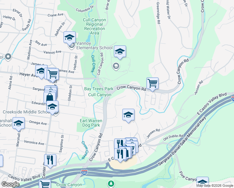 map of restaurants, bars, coffee shops, grocery stores, and more near 4937 Crow Canyon Road in Castro Valley