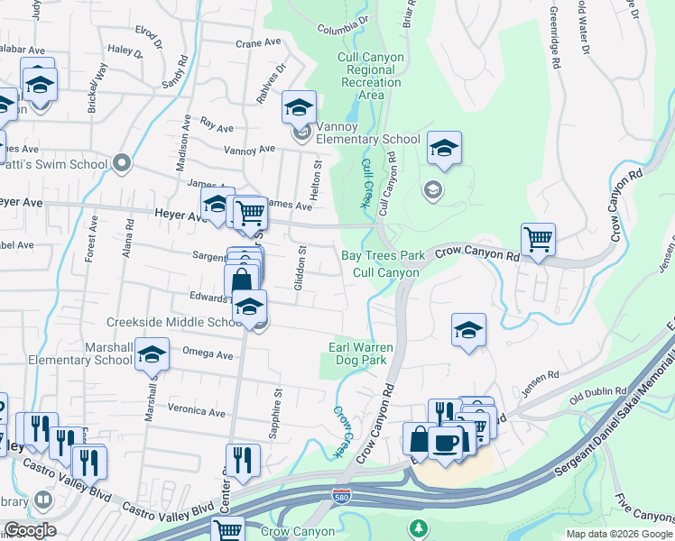 map of restaurants, bars, coffee shops, grocery stores, and more near 19262 Parkview Road in Castro Valley