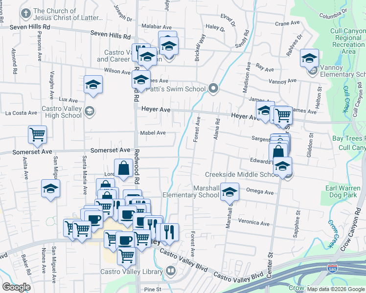 map of restaurants, bars, coffee shops, grocery stores, and more near 4209 Forest Glen Place in Castro Valley