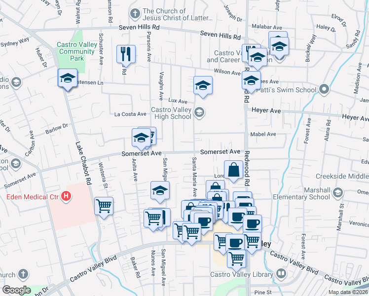 map of restaurants, bars, coffee shops, grocery stores, and more near 19508 Santa Maria Avenue in Castro Valley