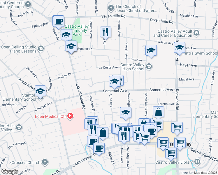 map of restaurants, bars, coffee shops, grocery stores, and more near 3453 Lenard Drive in Castro Valley