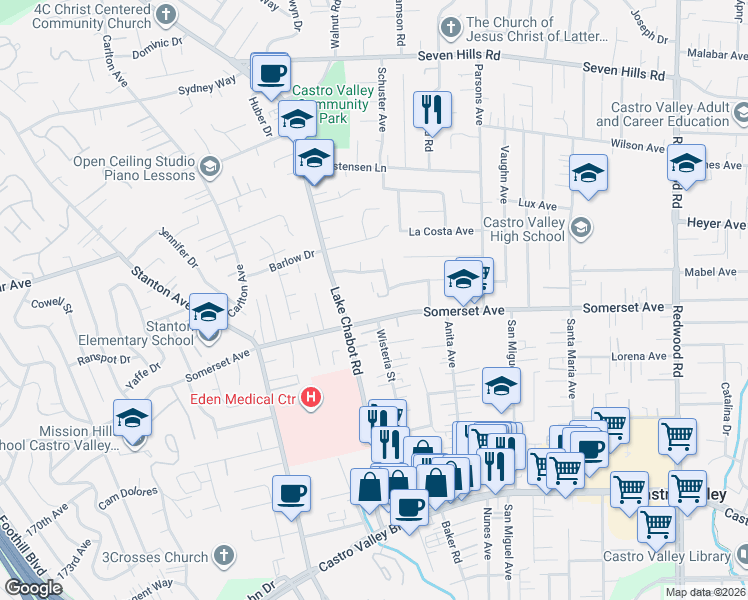 map of restaurants, bars, coffee shops, grocery stores, and more near 19671 Adair Drive in Castro Valley