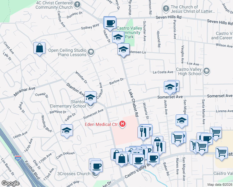 map of restaurants, bars, coffee shops, grocery stores, and more near 19543 Barclay Road in Castro Valley