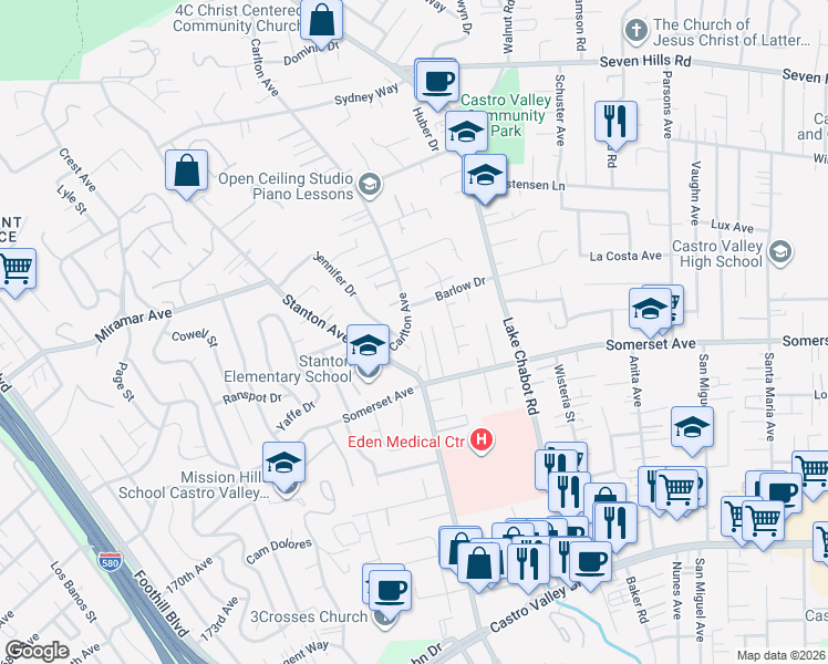 map of restaurants, bars, coffee shops, grocery stores, and more near 19572 Carlton Avenue in Castro Valley