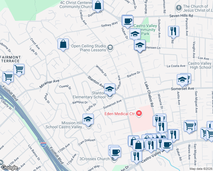 map of restaurants, bars, coffee shops, grocery stores, and more near 2849 Jennifer Drive in Castro Valley