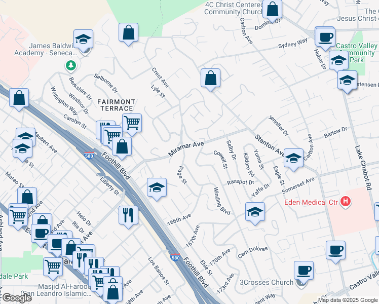 map of restaurants, bars, coffee shops, grocery stores, and more near 2503 Miramar Avenue in Castro Valley