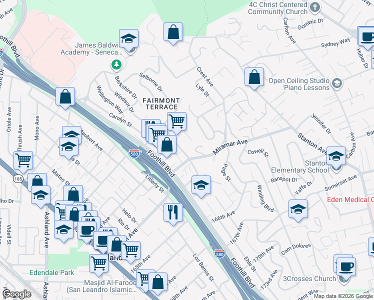 map of restaurants, bars, coffee shops, grocery stores, and more near 16272 Saratoga Street in San Leandro