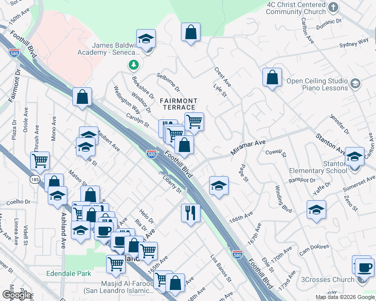 map of restaurants, bars, coffee shops, grocery stores, and more near 16286 Foothill Boulevard in San Leandro