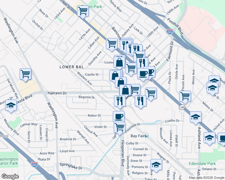 map of restaurants, bars, coffee shops, grocery stores, and more near 1068 Dillo Street in San Leandro
