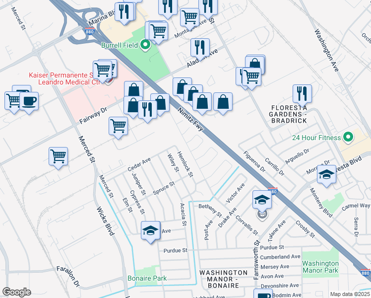 map of restaurants, bars, coffee shops, grocery stores, and more near 14300 Hemlock Street in San Leandro