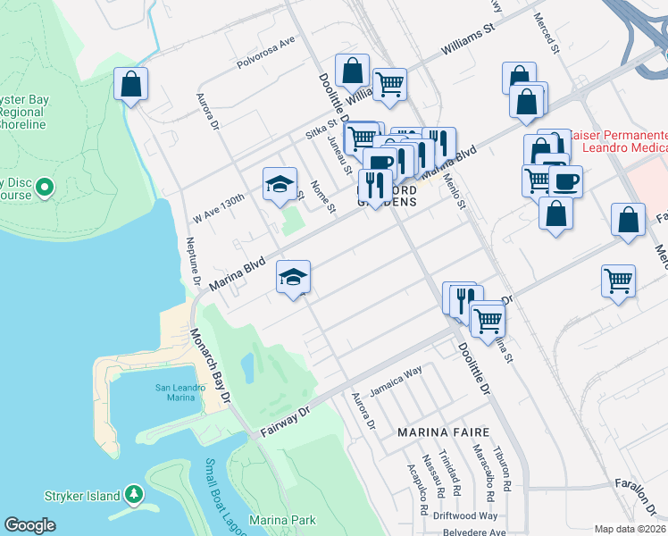 map of restaurants, bars, coffee shops, grocery stores, and more near 2380 West Avenue 133rd in San Leandro