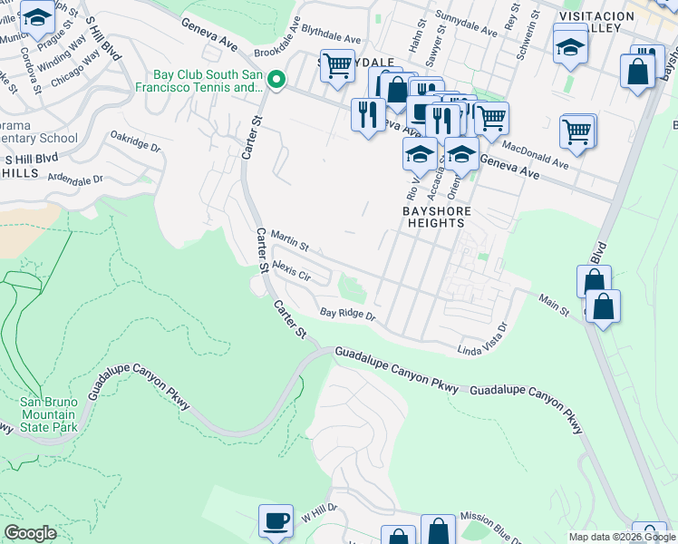 map of restaurants, bars, coffee shops, grocery stores, and more near 434-508 Martin Street in Daly City