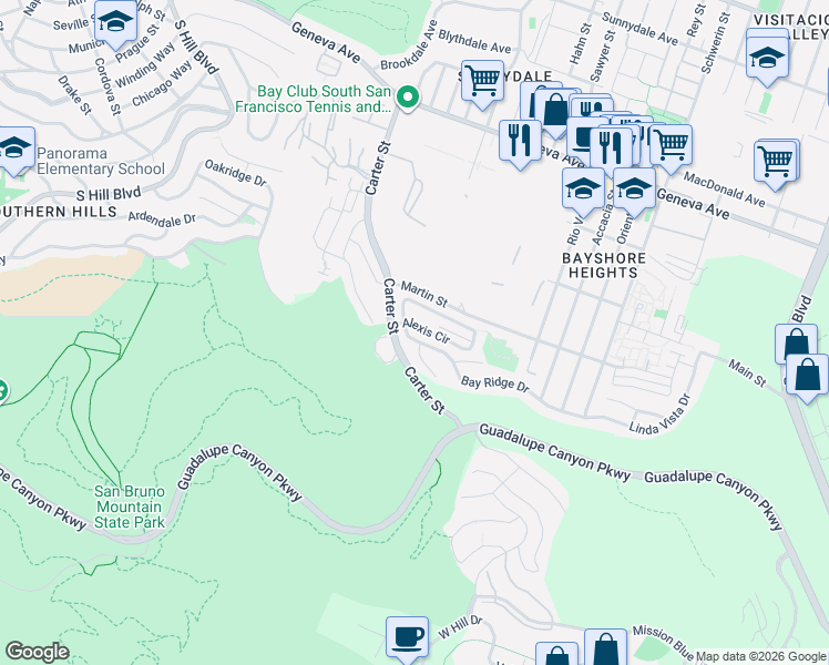 map of restaurants, bars, coffee shops, grocery stores, and more near 510 Alexis Circle in Daly City