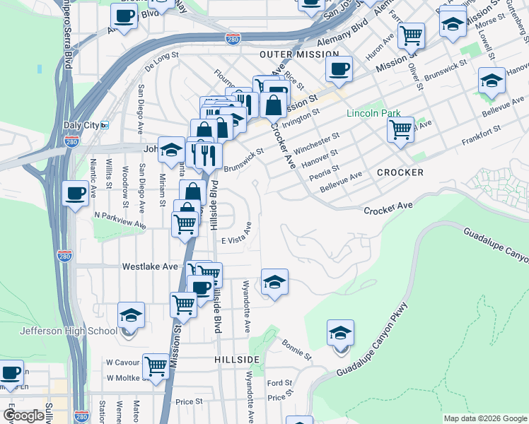 map of restaurants, bars, coffee shops, grocery stores, and more near 883 Bellevue Avenue in Daly City