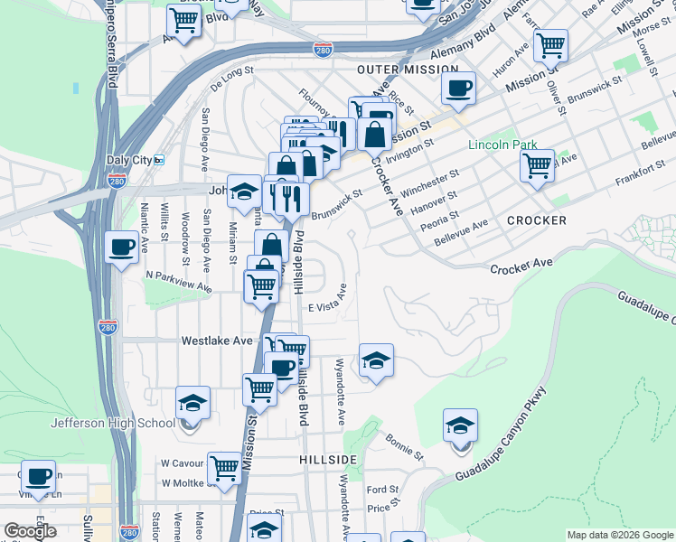 map of restaurants, bars, coffee shops, grocery stores, and more near 135 East Vista Avenue in Daly City