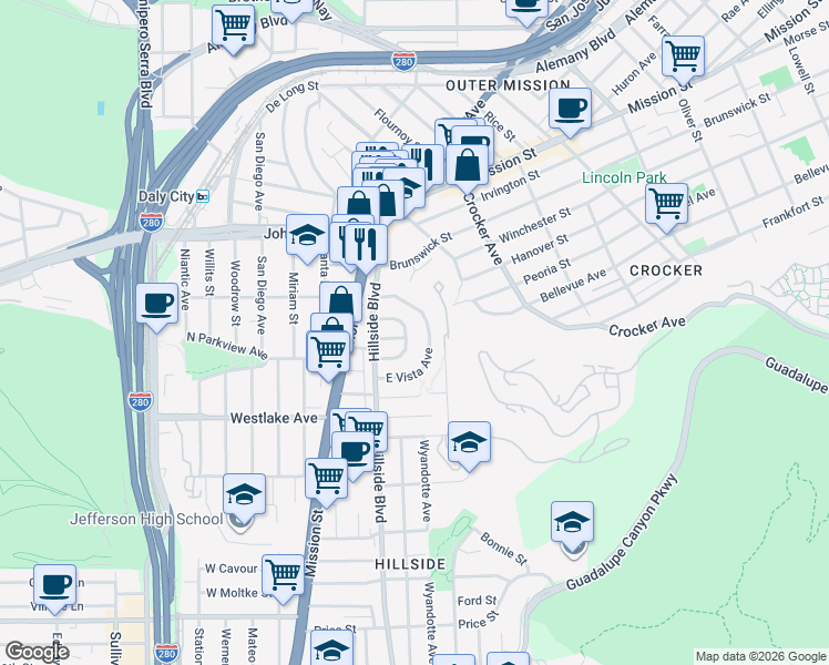 map of restaurants, bars, coffee shops, grocery stores, and more near 135 East Vista Avenue in Daly City