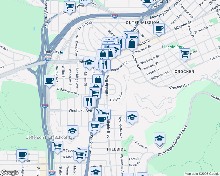 map of restaurants, bars, coffee shops, grocery stores, and more near 10 Muirwood Drive in Daly City