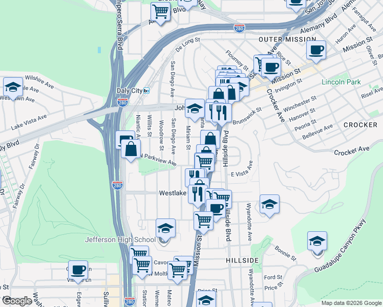 map of restaurants, bars, coffee shops, grocery stores, and more near 428 Santa Barbara Avenue in Daly City