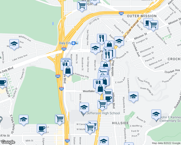 map of restaurants, bars, coffee shops, grocery stores, and more near 433 San Diego Avenue in Daly City
