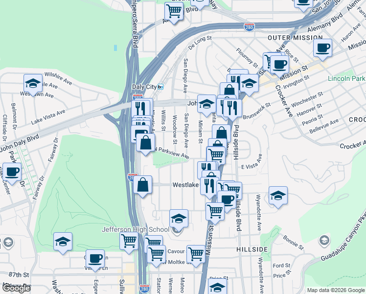 map of restaurants, bars, coffee shops, grocery stores, and more near 135 Woodrow Street in Daly City