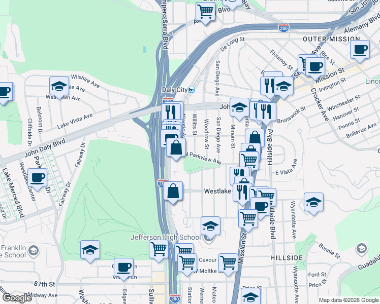 map of restaurants, bars, coffee shops, grocery stores, and more near 136 Willits Street in Daly City