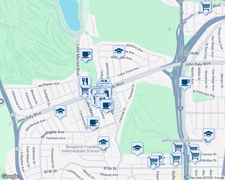 map of restaurants, bars, coffee shops, grocery stores, and more near 207 South Mayfair Avenue in Daly City