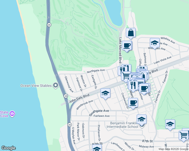 map of restaurants, bars, coffee shops, grocery stores, and more near 95 Fleetwood Drive in Daly City