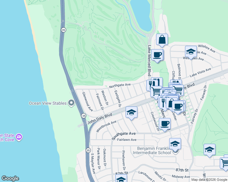 map of restaurants, bars, coffee shops, grocery stores, and more near 226 Northgate Avenue in Daly City