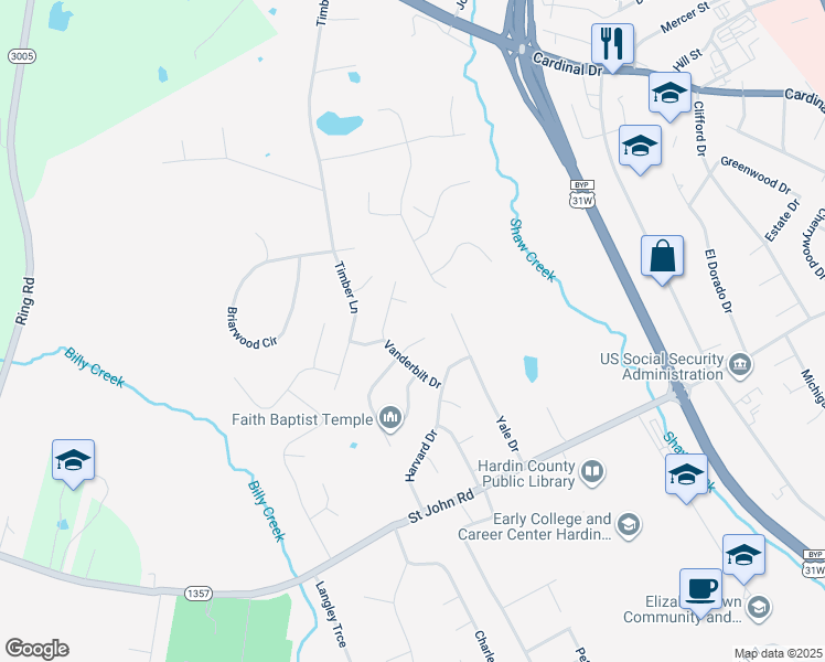 map of restaurants, bars, coffee shops, grocery stores, and more near 713 Vanderbilt Drive in Elizabethtown