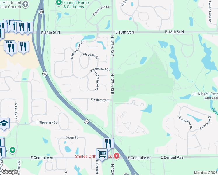map of restaurants, bars, coffee shops, grocery stores, and more near 954 North Preserve Court in Wichita