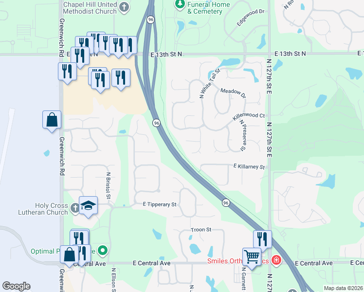 map of restaurants, bars, coffee shops, grocery stores, and more near 1029 Whitetail Court in Wichita
