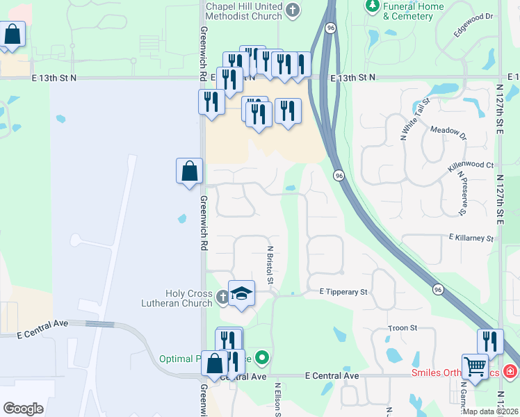 map of restaurants, bars, coffee shops, grocery stores, and more near 1022 North Bristol Street in Wichita