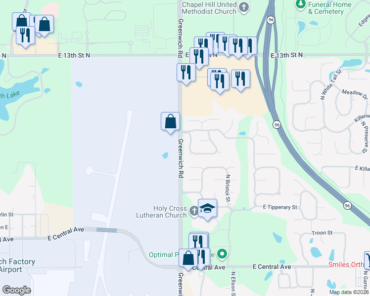 map of restaurants, bars, coffee shops, grocery stores, and more near 1025 North Crest Street in Wichita